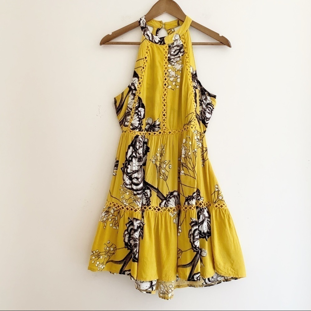 Jaase Yellow Floral Halter Dress Small Bohemian Summer